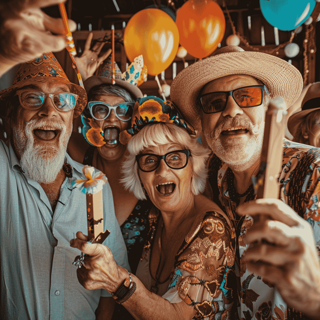 Groupe d'amis ayant louer une borne photo à un anniversaire pour des 60 ans